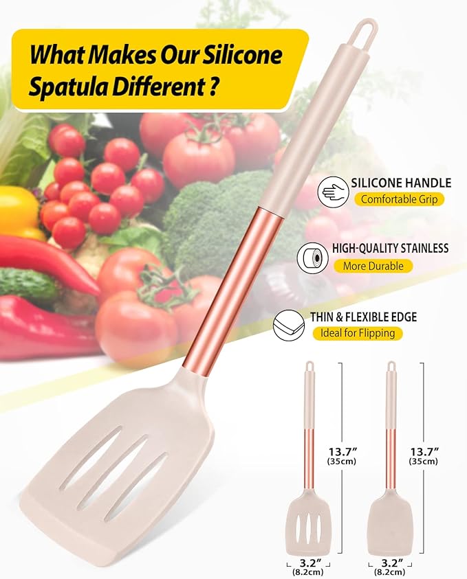 Pack of 2 Silicone Solid Turner, Non Stick Slotted Kitchen Spatulas, High Heat Resistant BPA Free Cooking Utensils, Ideal Cookware for Fish, Eggs, Pancakes(Rose Gold Khaki) - Image 2