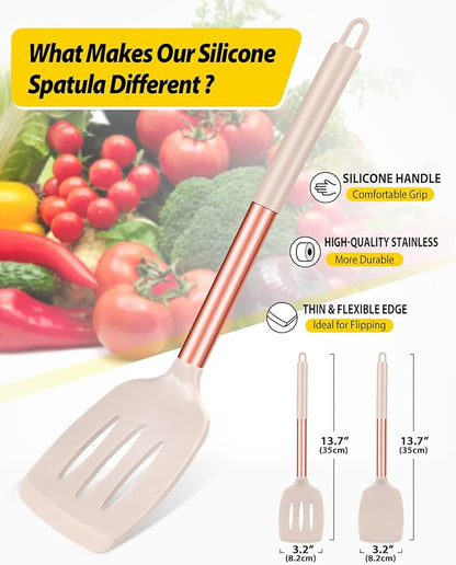 Pack of 2 Silicone Solid Turner, Non Stick Slotted Kitchen Spatulas, High Heat Resistant BPA Free Cooking Utensils, Ideal Cookware for Fish, Eggs, Pancakes(Rose Gold Khaki) - Image 2