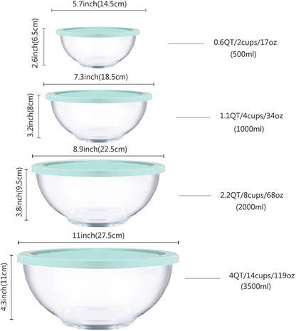 Homwin Glass Mixing Bowls with Lids Set, 8 Pieces Glass Salad Bowl Set with Lids(0.6QT,1.1QT,2.2QT,4QT) High Brosilicate Microwave Bowls for Kitchen Baking, Prepping Serving and Storage, Great Gift