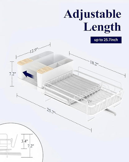 Kitsure Extendable Dish Drying Rack, Large Drying Dish Rack with Cutlery & Cup Holders, Multifunctional Dish Racks for Counter with Drainage, 18.2"-25.7" L x 12.9" W, White - Image 2