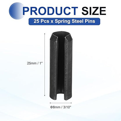 MECCANIXITY 25Pcs Slotted Split Roll Pins 3/10 Inch(8mm) Dia. 1 Inch(25mm) Length 65Mn Steel Spring Tension Expansion Dowels for Secure Fastening, Black