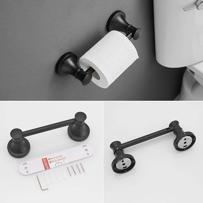 RUMOSE Toilet Paper Holder and Hand Towel Ring Matte Black Wall Mount Bathroom Hardware Accessories 2 PCS Set Flexible Pivoting Toilet Tissue Roll Holder and Towel Hanger, Stainless Steel