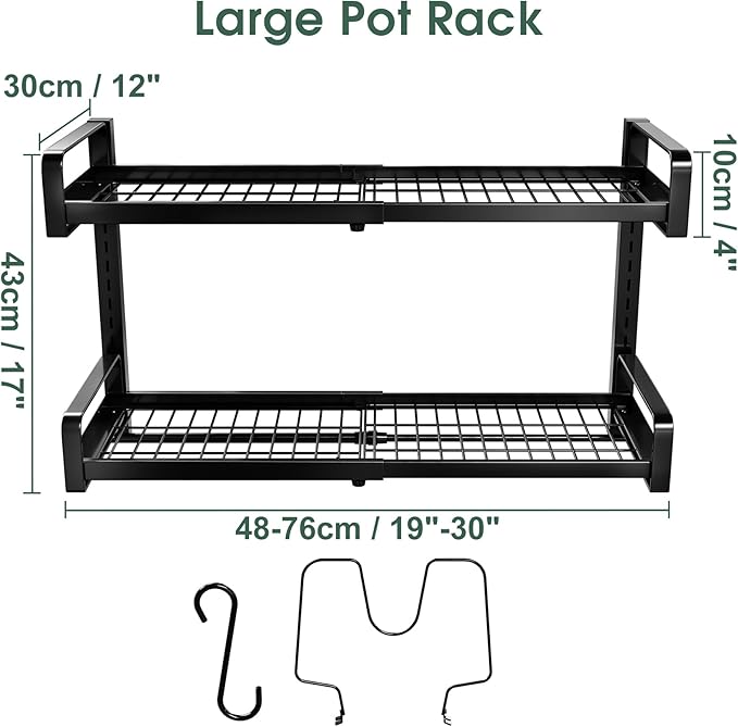 19"- 30" Expandable Hanging Pot Rack, 2 Tier Heavy Duty Wall Mounted Pots and Pans Organizer with 10 Hooks and 5 Pot Lid Holders, Pot Hanger Shelf for Kitchen Cookware Utensils Organizers and Storage - Image 8
