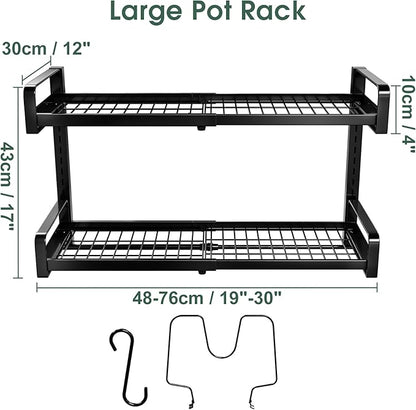 19"- 30" Expandable Hanging Pot Rack, 2 Tier Heavy Duty Wall Mounted Pots and Pans Organizer with 10 Hooks and 5 Pot Lid Holders, Pot Hanger Shelf for Kitchen Cookware Utensils Organizers and Storage - Image 8