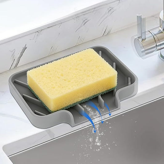 JACZZO Silicone Soap Dish for Shower and Bathroom - Small Bar Soap Holder with Self Draining Spout - Non-Slip Sink Tray Organizer for Kitchen Counter and Narrow Ledge, Gray (3.5" x 5")