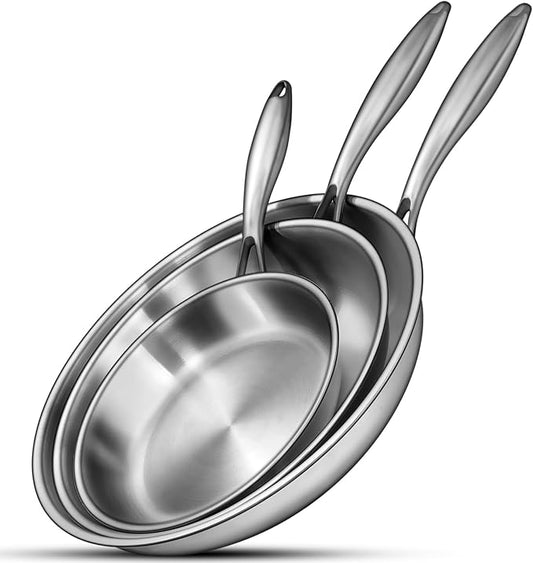 EWFEN Tri-Ply Stainless Steel Frying Pans Set, 8”/10”/12” Cooking pans, PFOA&PTFE Free Skillet, Induction Cooking Pan, Dishwasher and Oven Safe, Fast & Even Heat, Heavy Duty and Detachable Handle by EWFEN
