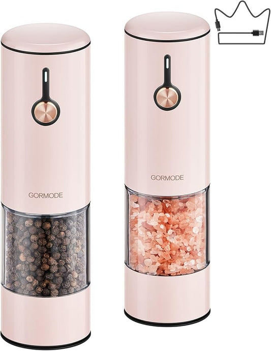 Electric Pepper Grinder and Salt Mill Set - Large Capacity USB Rechargeable Automatic Grinder with Dual LED Lights, One-Handed Operation & Slide Cover - Brushed Stainless Steel by GORMODEOfficial