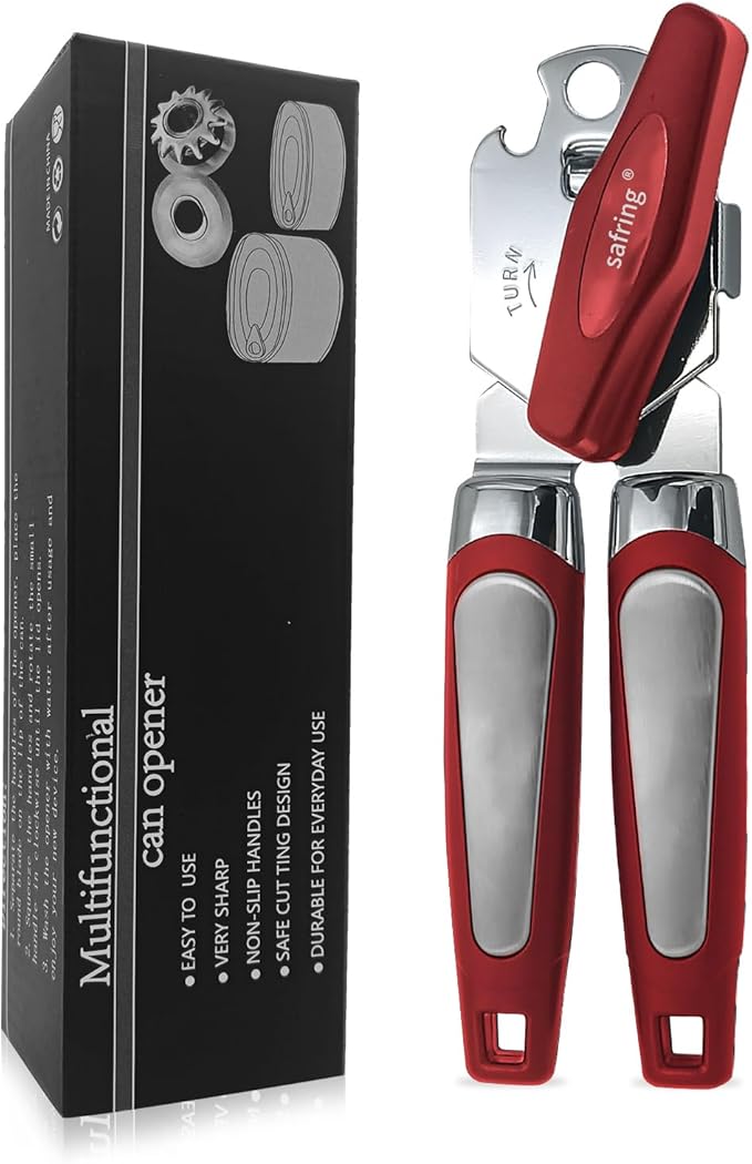 Safring Can Opener Manual, Handheld Strong Heavy Duty Stainless Steel Can Opener, Comfortable Handle, Sharp Blade Smooth Edge, Can Openers with Multifunctional Bottle Opener, Red by Safring