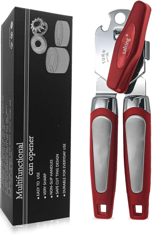 Safring Can Opener Manual, Handheld Strong Heavy Duty Stainless Steel Can Opener, Comfortable Handle, Sharp Blade Smooth Edge, Can Openers with Multifunctional Bottle Opener, Red by Safring