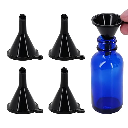 Mini Funnel 4-Pack for Lab Bottles, Sand Art, Perfume, Spice, Powder, Essential Oil, Recreational, Kitchen Food Grade Small Plastic (Black)