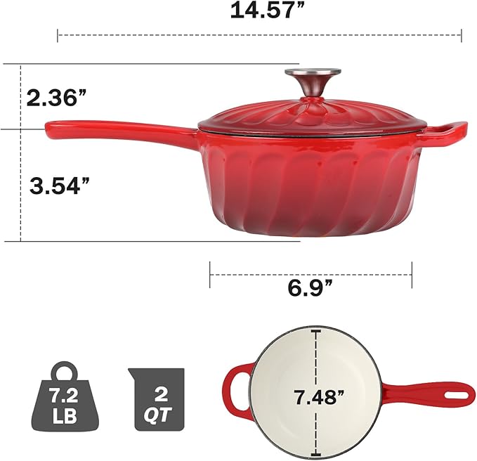 Enameled Cast Iron Sauce Pan, 2 Quart Enameled Saucepan with Lid, Small Cast Iron Pot for All Cooktops Making Pasta Sauce, Gravy, Puddings, Marinate, Boiling (Gradient Red)