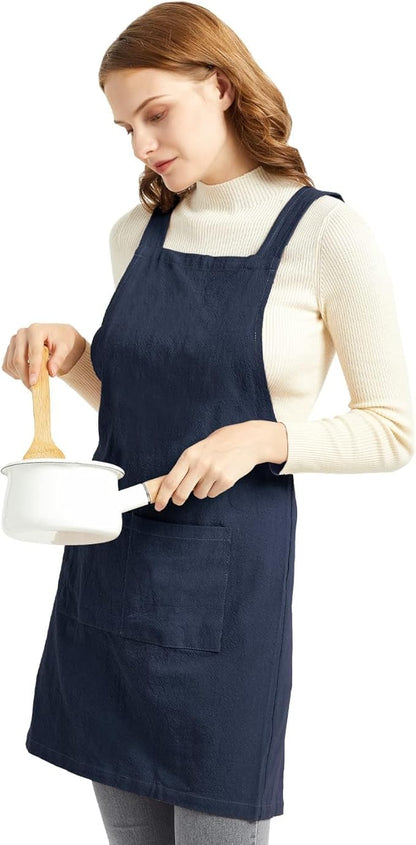 ELEZAY Aprons for Women with Pockets Plus Size Comfort Cross Back No Tie Cotton Linen Apron Pinafore