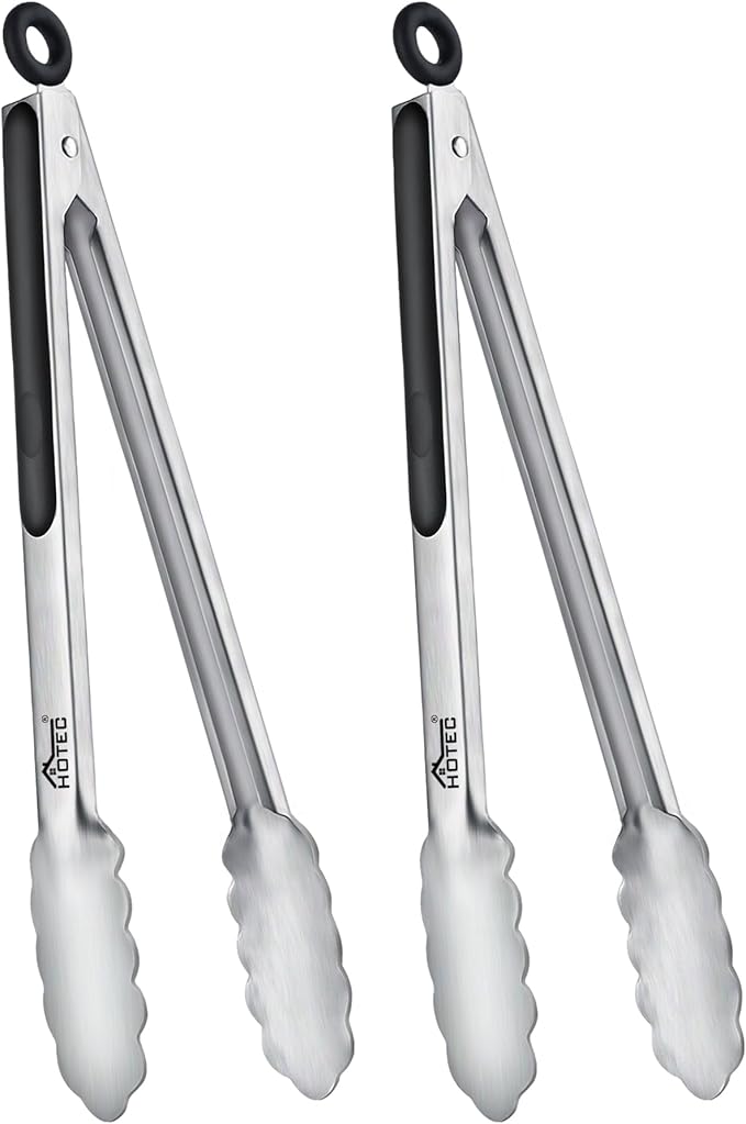 Hotec Stainless Steel Kitchen Tongs, Set of 2-12", Locking Metal Food Tongs for Cooking, Serving, BBQ, Grill Non-Slip Grip by Hotec