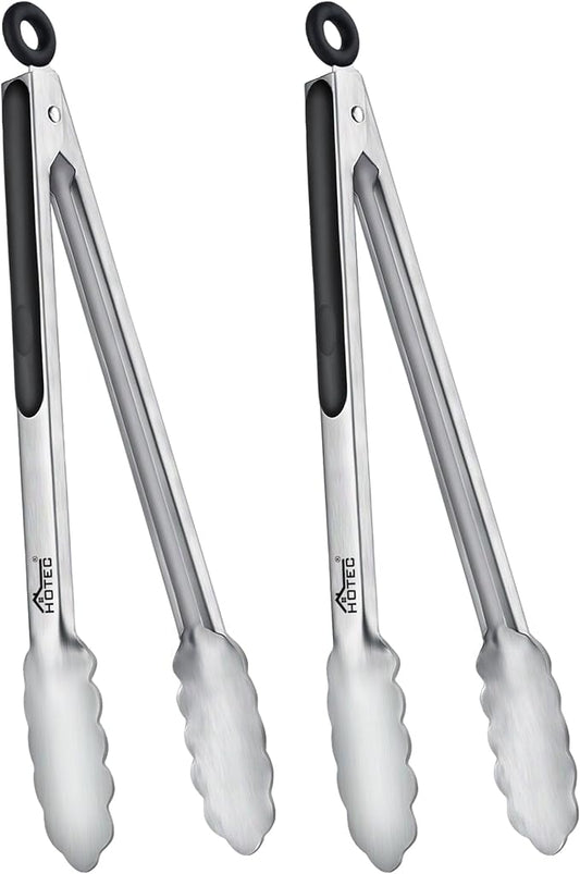 Hotec Stainless Steel Kitchen Tongs, Set of 2-12", Locking Metal Food Tongs for Cooking, Serving, BBQ, Grill Non-Slip Grip by Hotec