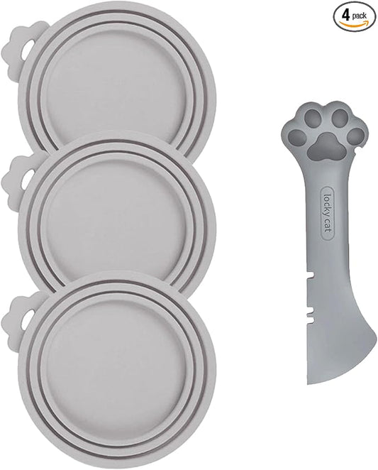 4 Pcs Pet Cans Supplies Set, Cat Food Can Lid Cover with Cute Paw Shape Opener Spatula Pet Wet Food Spoon Silicone Can Lids for Kitten Dog Cans