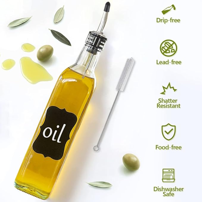 Showvigor Olive Oil Dispenser, 17oz/500ml Square Tall Glass Container With 2 Stainless Steel Pourers, 2 Labels, 1 Brush and 1 Funnel for Kitchen - Image 3