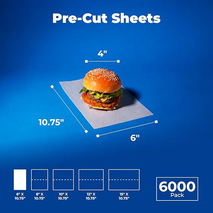 Fit Meal Prep [6000 Pack] 6 x 10.75" Wax Paper Sheets for Food, Interfolded Precut Deli Pop Up Grease-Proof Sandwich Paper Wraps, Waterproof for Lunch, Food Basket, Microwave Cover, BBQ