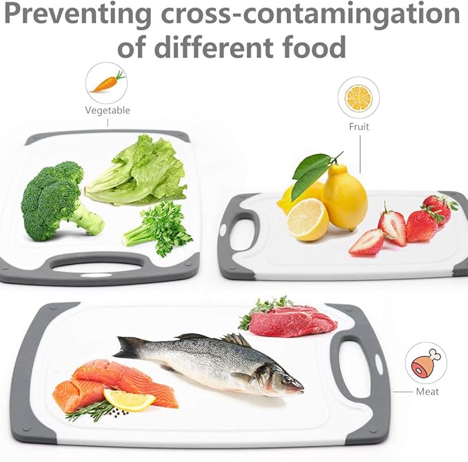 Cutting Boards for Kitchen, Plastic Chopping Board Set of 4 with Non-Slip Feet and Deep Drip Juice Groove, Easy Grip Handle, Dishwasher Safe, gray - Image 3