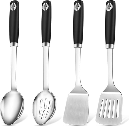 4 Pcs Cooking Utensils Set, Stainless Steel Kitchen Utensils, Heat Resistant Metal Kitchen Tools Include Solid & Slotted Turner Wok Spatula, Serving Spoon, Ergonomic Handle, Easy to Clean, Silver by Unknown
