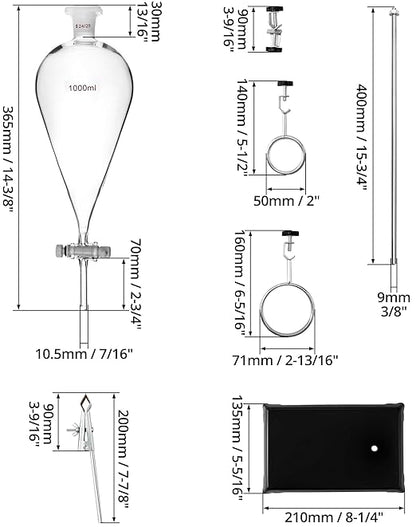 QWORK 1000ml Heavy Wall Conical Separating Funnel with 24/29 Fitting and PTFE Stopcock + Laboratory Distillation Support Rack for Titration Extraction