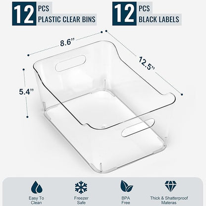 12 PACK Multi-Use Clear Plastic Storage Bins for Organizing w/ Labels - Home, Kitchen, Pantry, Bathroom, Office, Cabinet Shelf Organizer Bins - SOHO Collection, RV, Fridge Organization Containers -XL - Image 7