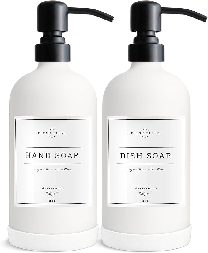 Vine Creations White Glass Soap Dispenser, 2 Pack Kitchen Soap Dispenser Set with Stainless Steel Pump, 16 oz Dish Soap and Hand Soap Dispensers for Bathroom with Waterproof Labels by VineCreations