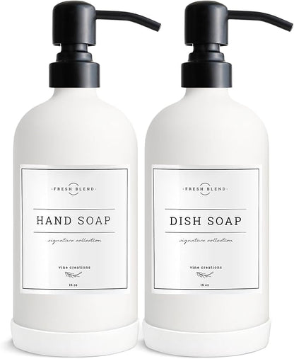 Vine Creations White Glass Soap Dispenser, 2 Pack Kitchen Soap Dispenser Set with Stainless Steel Pump, 16 oz Dish Soap and Hand Soap Dispensers for Bathroom with Waterproof Labels by VineCreations