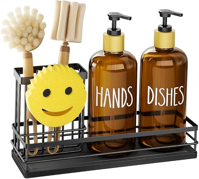 Moforoco Kitchen Dish Soap Dispenser Set, 16OZ Glass Bottle, Hand and Dish Soap Dispenser Set, Instant Dry Tray, Brush Holder with Smiley Face Sponge Holder (Black Tray+Amber Bottle) by MOFOROCO