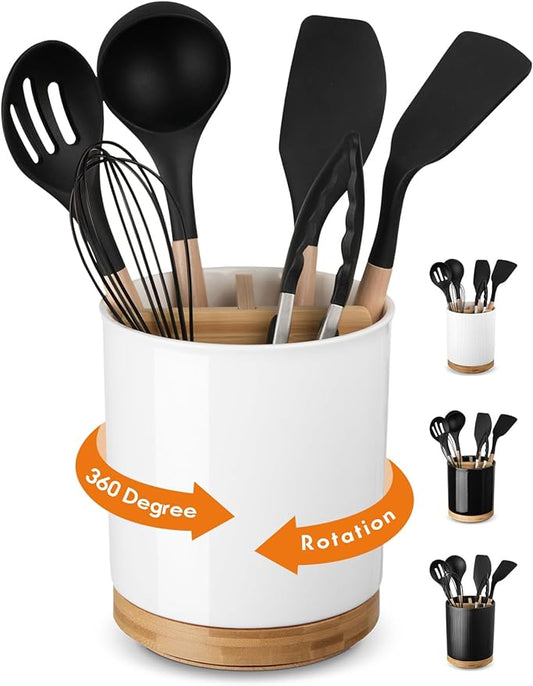 LoeJan 3 Compartment Utensil Holder, Extra Large Utensil Crock, Stable Ceramic Utensil Organizer, Cooking Tool Organizer Set for Kitchen Counter Farmhouse Decor (C-White(Grossy)) by LoeJan
