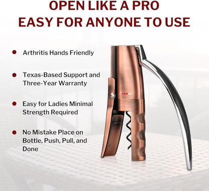 Forge Quality Compact Vertical Lever Corkscrew Wine Opener with Foil Cutter. 3 Seconds to Open a Bottle of Wine. Metallic Bronze