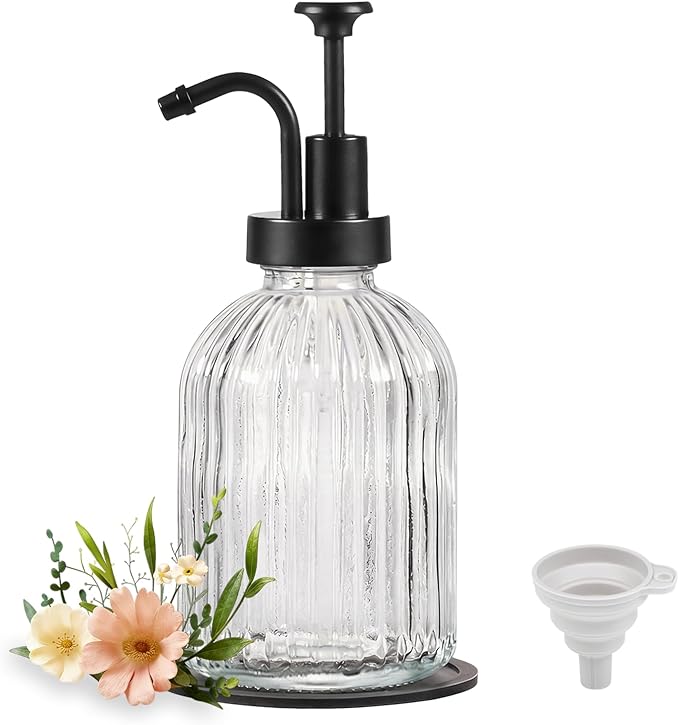 SheeChung Clear Glass Soap Dispenser, 12 Oz Liquid Hand Soap Dispenser with Pump, Refillable Lotion Dish Soap Dispenser for Kitchen, Stripes Shampoo Bottle, Bathroom Countertop (Black Pump, 1 Pack)