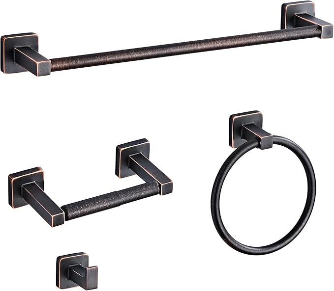 Bathroom Hardware Set 4 Pieces,Oil Rubbed Bronze Towel Bar Set Stainless Steel Wall Mounted, Includes 16In Hand Towel Bar, Towel Ring, Robe Towel Hooks,Toilet Paper Holder, Bathroom Towel Rack Set by bluebyrne