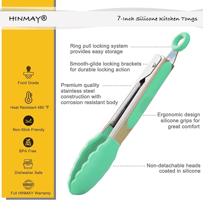 HINMAY Mini Tongs with Silicone Tips 7 Inches Silicone Cooking Tongs, Set of 3 (Mint) - Image 2