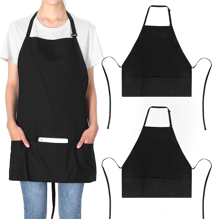 Jubatus 2 Pack 3 Pockets Adjustable Bib Apron 65% Polyester 35% Cotton Fabric Chef Kitchen Cooking Aprons for Women Men, Black by Jubatus