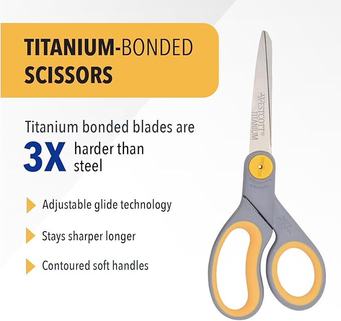 Westcott 8-Inch Titanium-Bonded Scissors with Adjustable Glide Feature for Office and Home - Gray/Yellow - Image 2