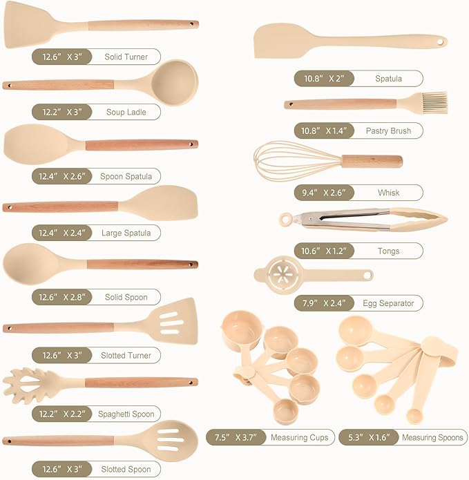 Kitchen Utensils Set - 34 PCS Non-Stick Silicone Cooking Utensils Set Spatula Set with Holder, Wooden Handle Spoon,Brush,Whisk Kitchen Gadgets Tools Set for Nonstick Cookware (Khaki-34P) - Image 6