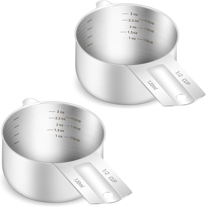 2PCS 1/2Cup (120ml, 4oz) Single Measuring Cup, Etched Inner Scale Stainless Steel Measure Scoop, Metric and US Measurement, Dishwasher Safe by BERYLER