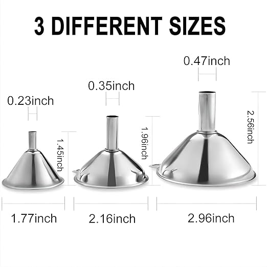 Funnels for Kitchen Bottle Filling, Lmoszuak Mini Stainless Steel Funnels, Multi-use Small Kitchen Funnel Set of 3, for Transferring Liquid, Fluid, Essential Oils, Powder,Tiny Spices,Dishwasher Safe