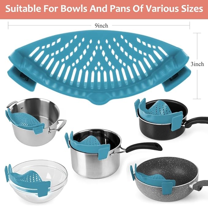 YEVIOR Clip on Strainer for Pots Pan Pasta,Silicone Food Strainer Hands-Free Pan Strainer, Clip-on Kitchen Food Strainer for Spaghetti, Pasta, Ground Beef Fits All Bowls and Pots (Teal) - Image 3