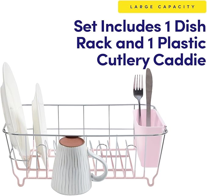 Dish Drying Rack & Cutlery Holder 2 Piece Set - Compact Sink-Fitting Dish Drainer with Rubberized Undercoating, Space-Saving Kitchen Organizer for Plates, Cups, Bowls & Utensils in Sink, Pale Pink - Image 3