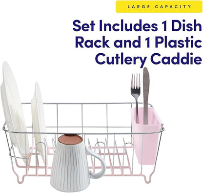 Dish Drying Rack & Cutlery Holder 2 Piece Set - Compact Sink-Fitting Dish Drainer with Rubberized Undercoating, Space-Saving Kitchen Organizer for Plates, Cups, Bowls & Utensils in Sink, Pale Pink - Image 3