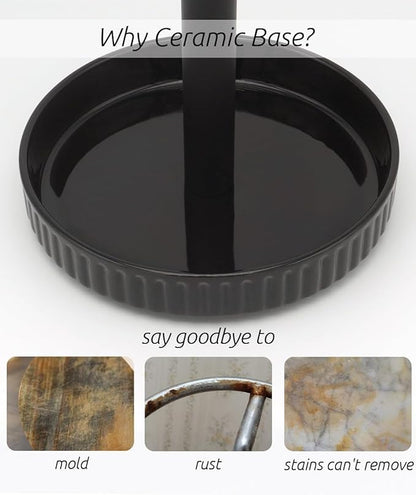 VROOMIUM Paper Towel Holder Countertop, Ceramic Base Easy-to-Clean, 1.5 lbs, 7" B x 12.5" H, Stable Elegant and Durable Kitchen Roll Stand, Classic Black