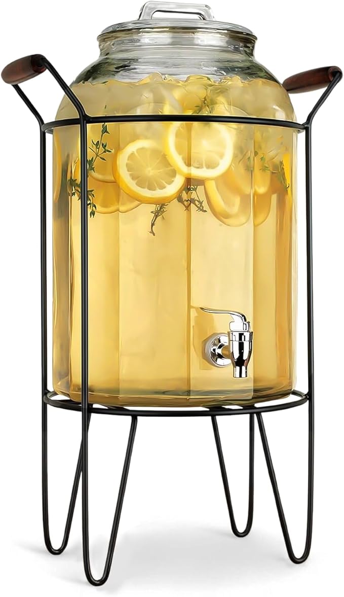 3 Gallon Glass Ice Cold Beverage Dispenser - With Glass Lid and Handle Drink Dispenser With Metal Stand, 100% Leak Proof Spigot- Wide Mouth Easy Filling For Outdoor, Parties & Daily Use