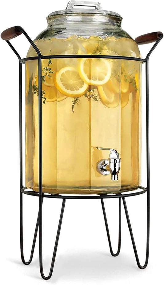 3 Gallon Glass Ice Cold Beverage Dispenser - With Glass Lid and Handle Drink Dispenser With Metal Stand, 100% Leak Proof Spigot- Wide Mouth Easy Filling For Outdoor, Parties & Daily Use