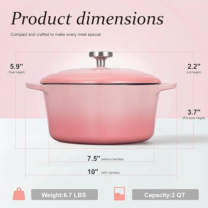 Overmont Enameled Cast Iron Dutch Oven - Heart-Shaped Pot with Lid Cookbook & Cotton Pot Holders - Mini Cookware Oven Safe to 500°F for Sourdough Baking Soups Stews - Great Gift for Birthday Wedding Housewarming 2QT Pink