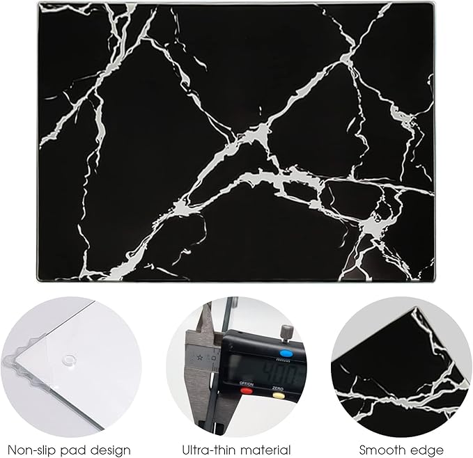 VASUHOME Glass Cutting Board, 16 * 12 inch Set of 1 Tempered Glass Cutting Board, Decorative Square Marble Chopping Board for Kitchen, Scratch, Heat, Shatter Resistant Cutting Mat, Black and White