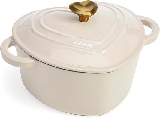 Paris Hilton Enameled Cast Iron Dutch Oven Heart-Shaped Pot with Lid, Dual Handles, Works on All Stovetops, Oven Safe to 500°F, 4-Quart, Cream by TheWorldofParisHilton