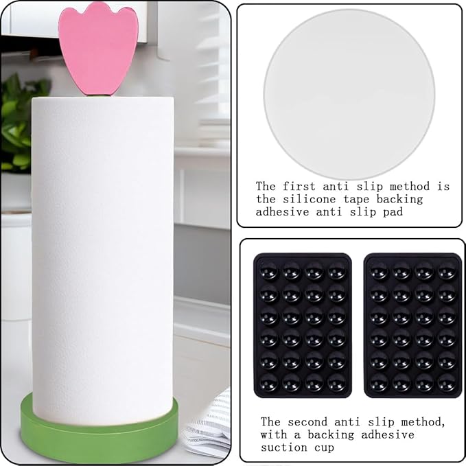 Modern Wooden Paper Towel Holder Stand - Beautiful Flower Design with Anti-Skid Base, Easy No-Tool Assembly for Kitchen Countertop, Bathroom, Office - Natural Home Decor