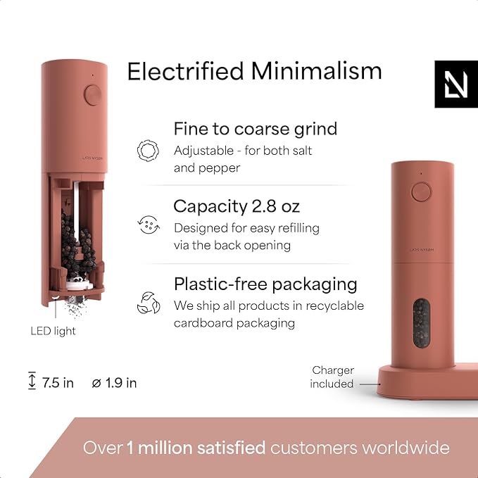 LARS NYSØM Electric Salt and Pepper Grinder Set, USB Rechargeable, Automatic Salt and Pepper Mills, Spice Shakers Refillable with LED Light, Adjustable Coarseness, Ceramic Grinder (Brick Red) - Image 4