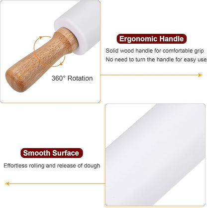 HARFINGTON Silicone Rolling Pins for Baking 14.96 Inch Non-Stick Silicone Surface Wooden Handle Rolling Pin Small Roller Playdough Rolling Pins for Fondant Kitchen Dough Pizza, White